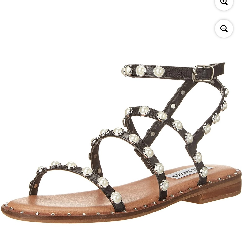 Steve Madden Women's Skyler Leather Embellished Strappy Slip On Flat Sandal